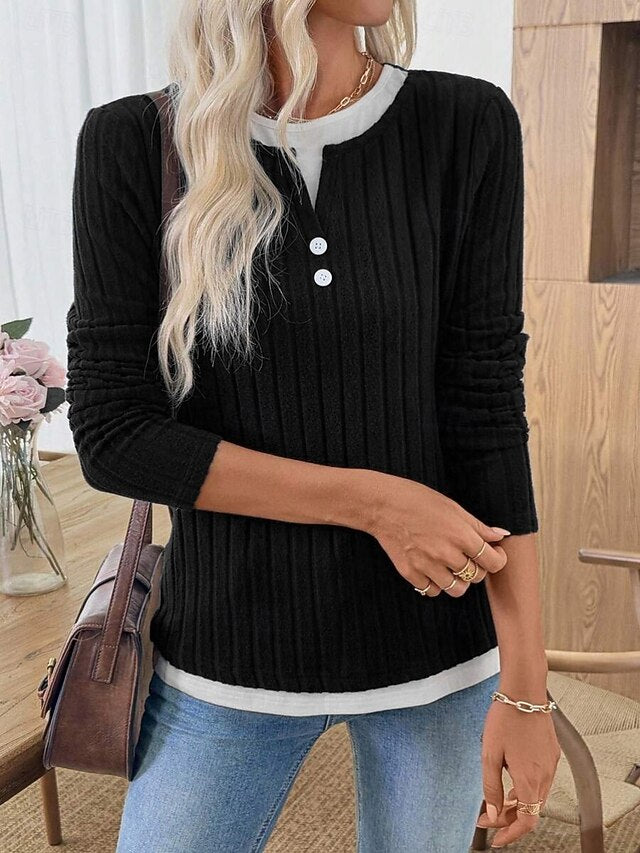 Women's Blouse Patchwork Buttons Solid Color Stylish Casual