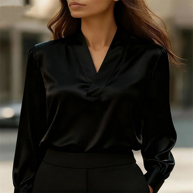 Women's Shirt Elegant Dressy Satin Top Ruched Patchwork