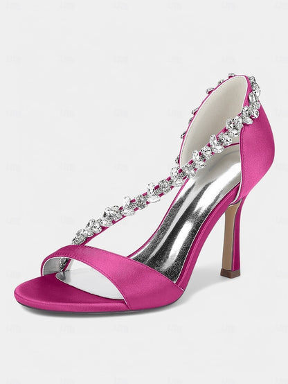 Champagne Crystal Satin High T-Strap Women's Heels with –