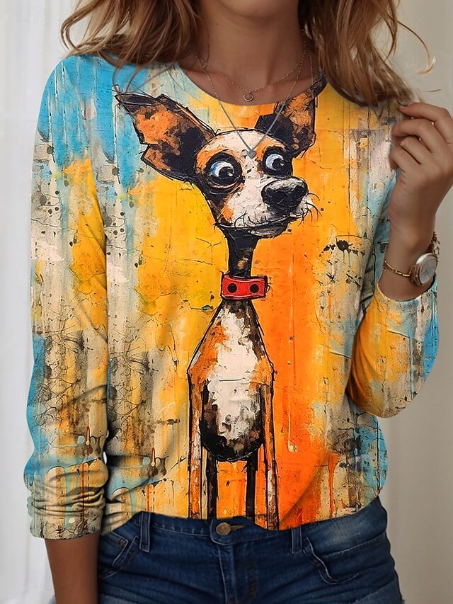Women's T shirt Crew Neck Long Sleeve Tunic Graphic Animal