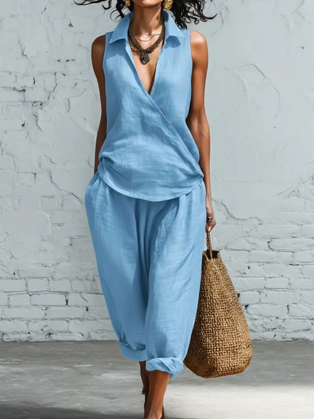 Women's Pants Sets Sleeveless V Neck Solid Color Fashion