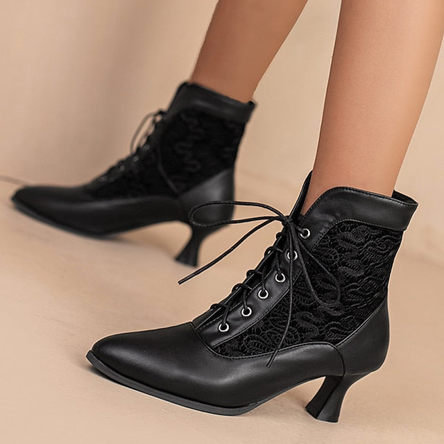 Embroidered with Women's Panels Lace-Up Ankle Boots White