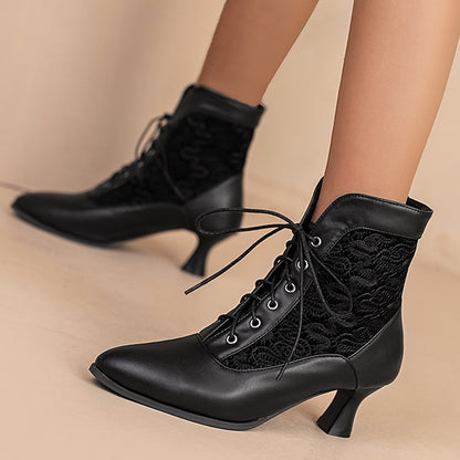Embroidered with Women's Panels Lace-Up Ankle Boots White