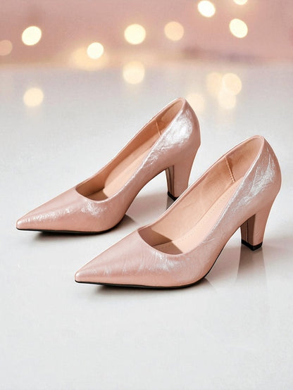 Toe Women's Heel Nude Glossy Party Pointed - Block Pumps