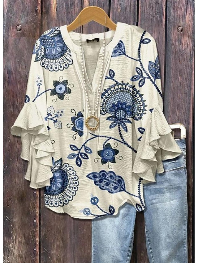Women's Blouse V Neck Layered Ruffle Sleeve Tops Floral