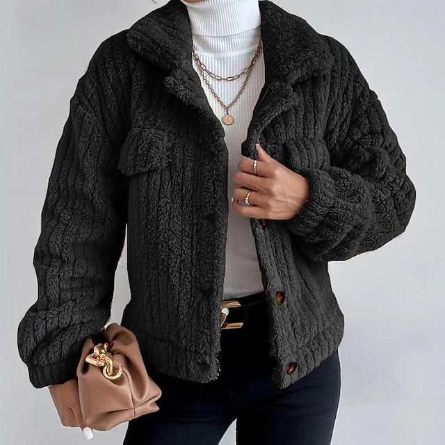 Warm Casual Coat Buttons Comfortable Plain Women's Teddy