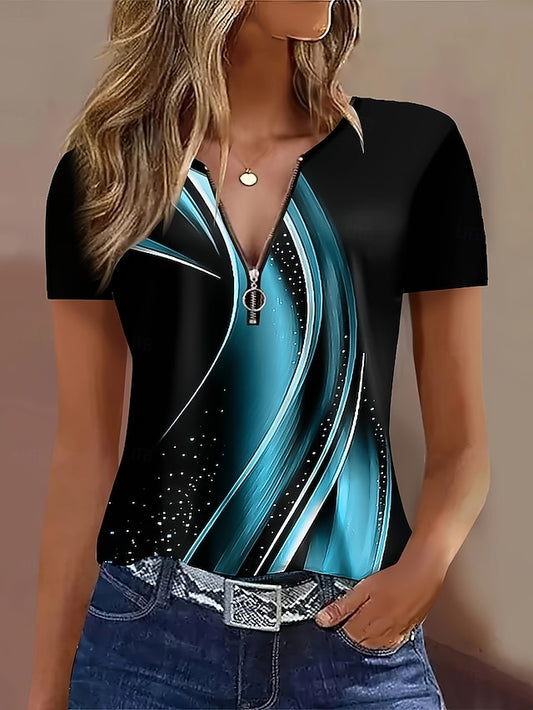 Women's T Shirt Quarter Zip Graphic Geometric Tropical