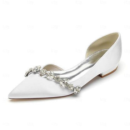 and Wedding Flat with Pointed Toe Shoes White Satin Crystal
