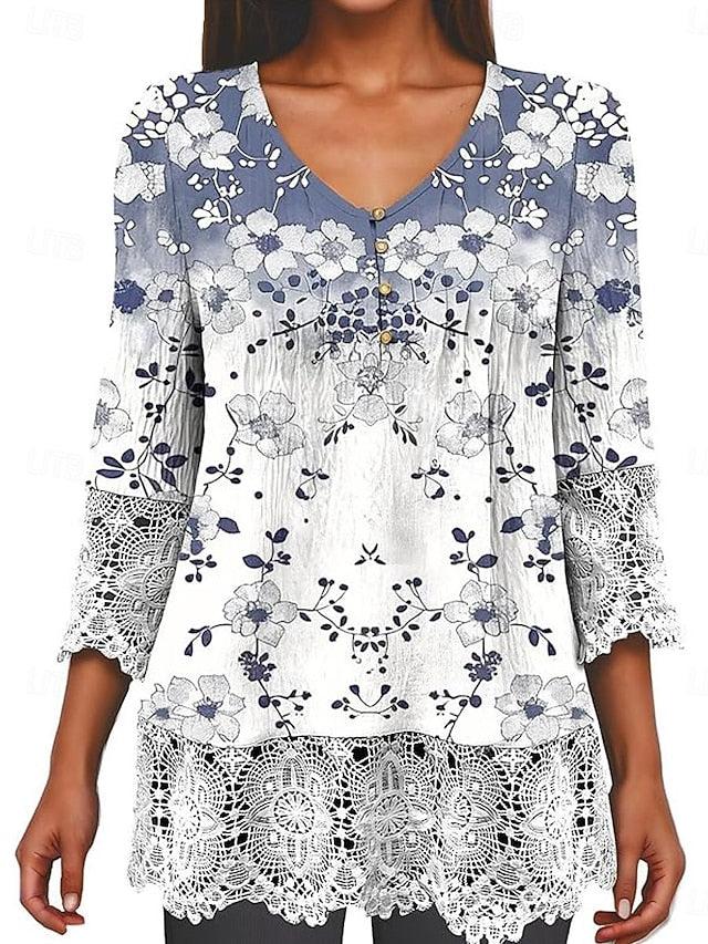 Women's Elegant Lace Tops Eyelet Blouse Casual Ombre Floral
