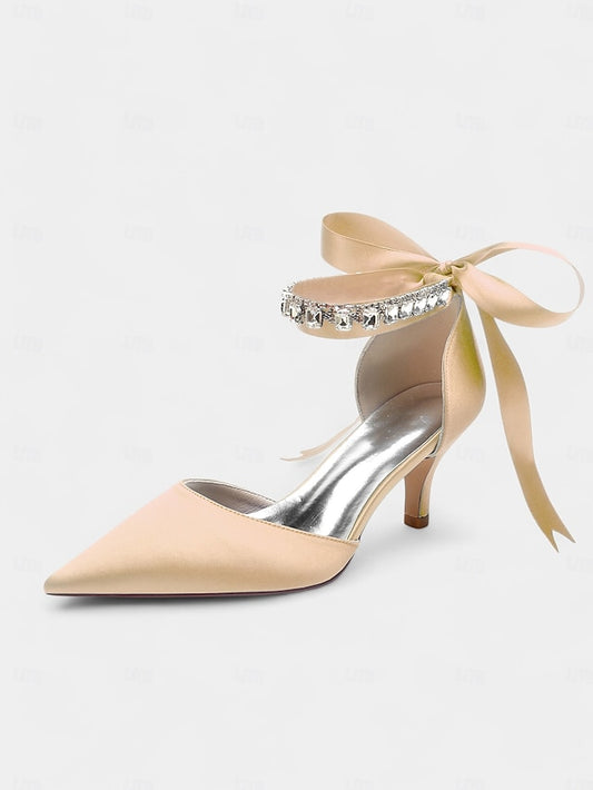 Ankle Rhinestone Blue Heels with Pointed-Kitten and Strap Satin