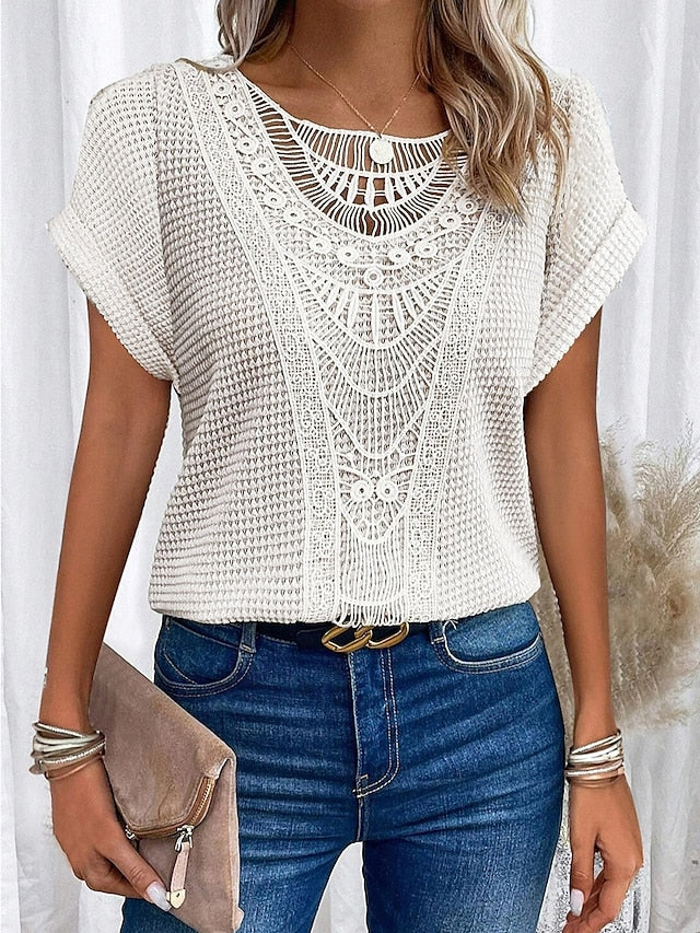 Women's T Shirt Hollow Out Solid Color Elegant Stylish