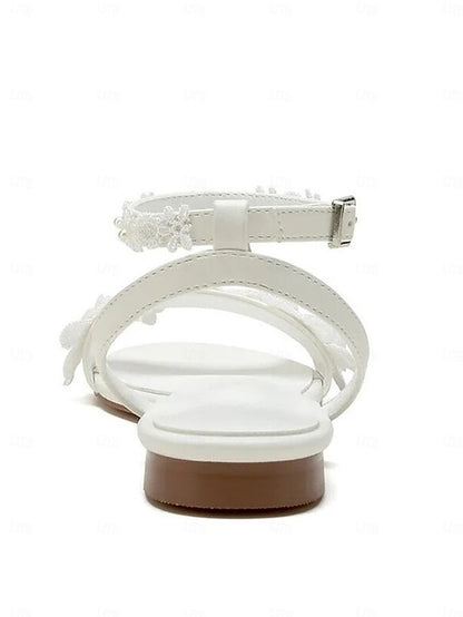 Open-Toe Flats Sandals Block with Straps Floral Lace White Ankle