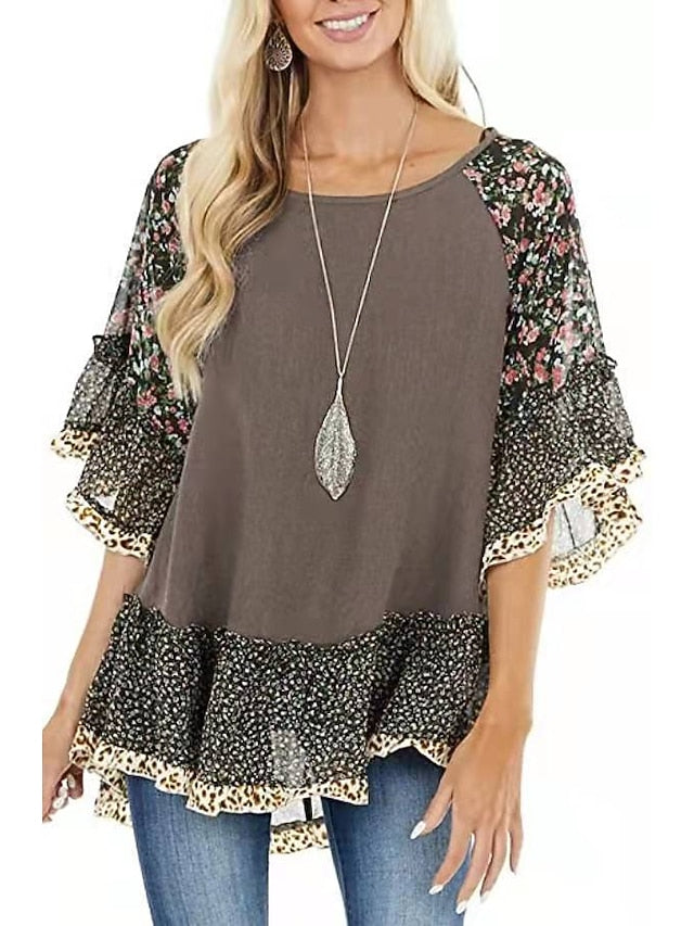 Women's Shirt Boho Shirt Tunic Blouse Ruffle Print Flowing