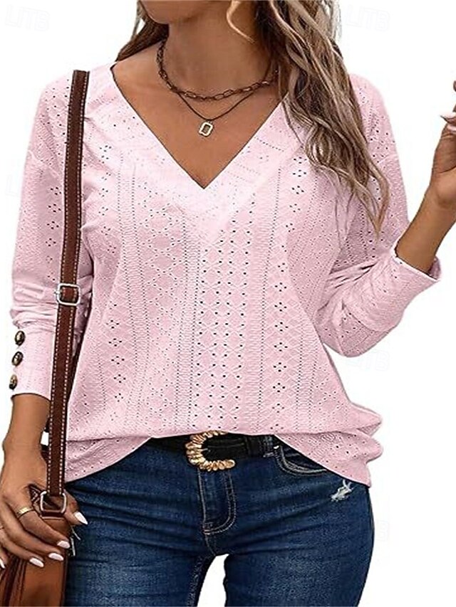 Women's T Shirt Lace Patchwork Eyelet Solid Color Elegant
