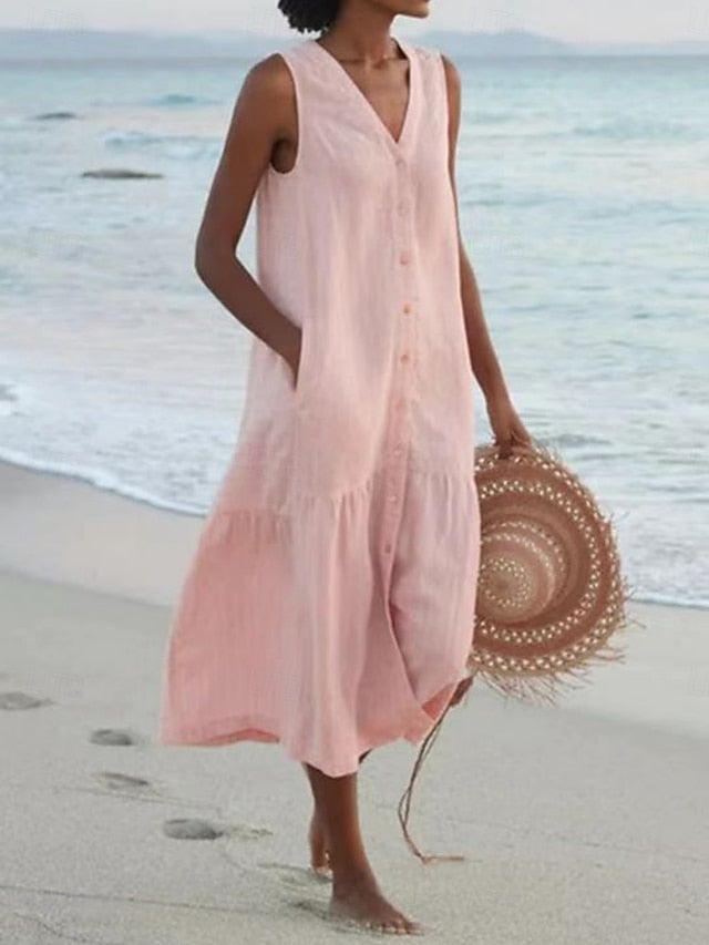 Women's linen like Midi Dress Shift Dress Summer Dress