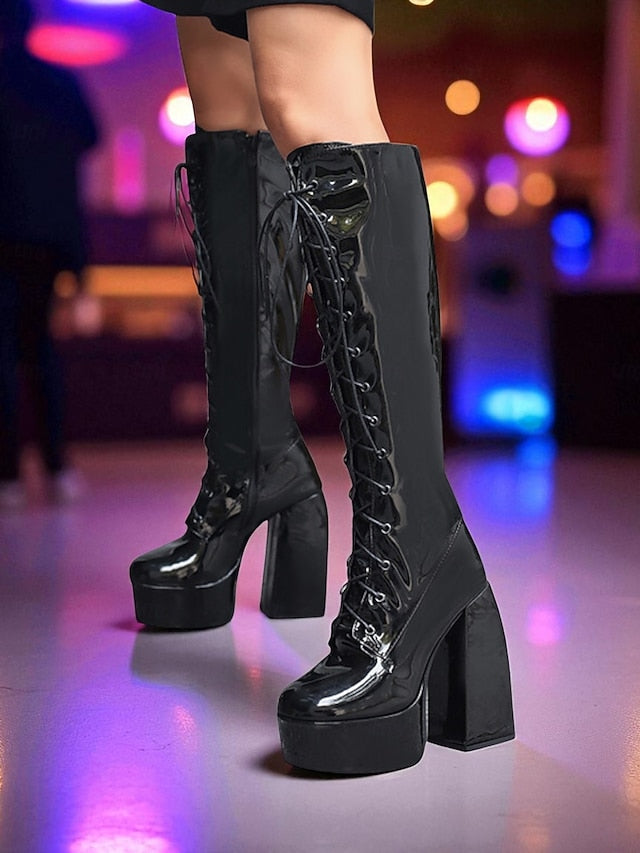 Platform Metallic High Knee Women's Silver Lace-Up - Boots