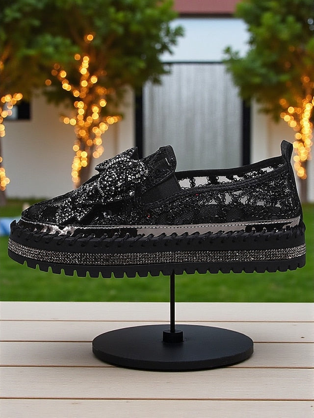 Women's Shoes Rhinestone Black with Lace Bow Slip-On