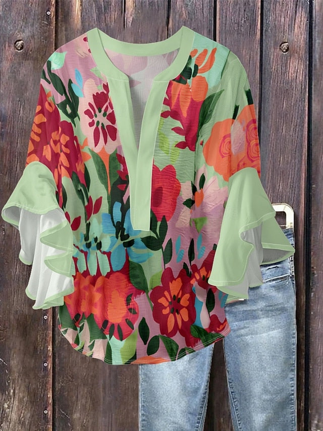 Women's Blouse Ruffle Print Floral Stylish Modern 3/4