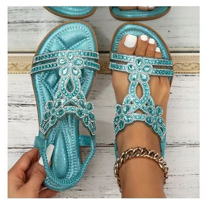 Boho Silver – Rhinestone Sandals Flat T-Strap Women's