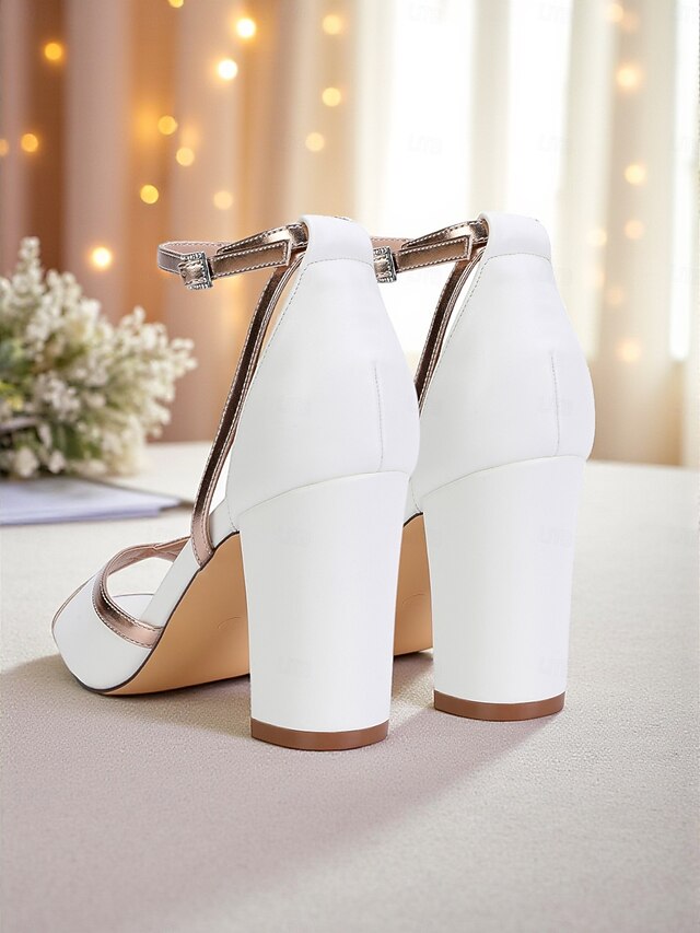 Women's Strap with White Ankle Block Metallic Sandals Heel