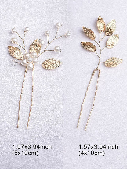 Set Pearls Hair with and Silver Leaf Faux Bridal Gold Accessory