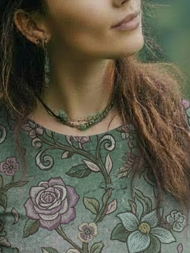 Women's Viking T Shirt Floral Graphic Bohemia Vintage