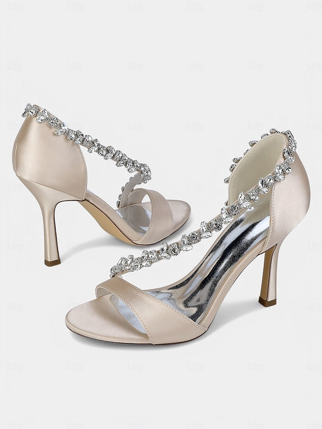 Champagne Crystal Satin High T-Strap Women's Heels with –