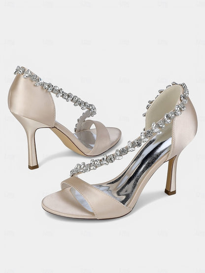 Champagne Crystal Satin High T-Strap Women's Heels with –