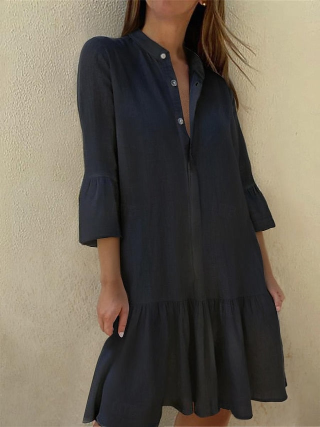 Women's Blue Black White Summer Spring Midi Dress Faux