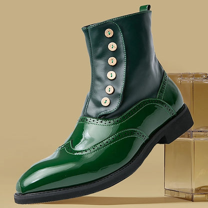 Wingtip Green Button Stylish Boots - Leather Vintage Men's