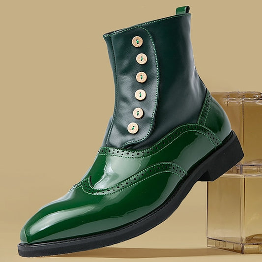 Wingtip Green Button Stylish Boots - Leather Vintage Men's