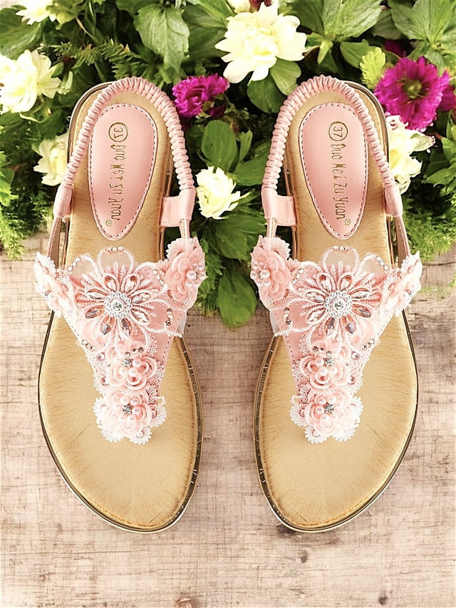 T-Strap Embellished Floral Lace Pink – Sandals Women's