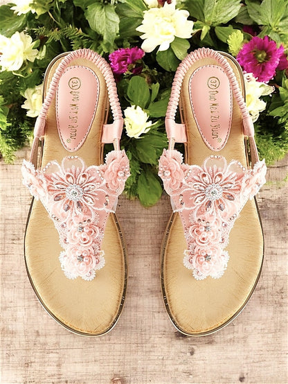 T-Strap Embellished Floral Lace Pink – Sandals Women's