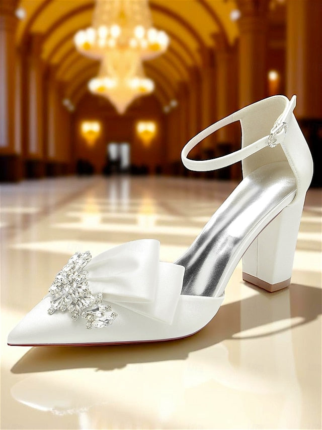 Bow Pumps with and Heel Satin Crystal Women's Block