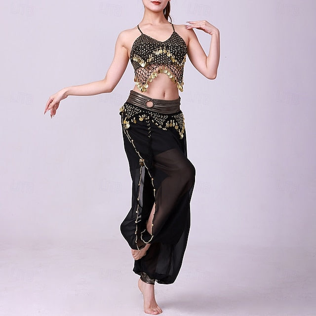 Latin Dance Top Gold Coin Pure Color Splicing Women's