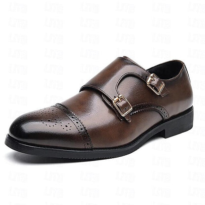Double Strap with Brown Shoes Men's Leather Monk Faux