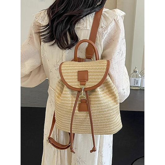 Women Backpack Straw for – Boho Rattan Travel with Woven Bag