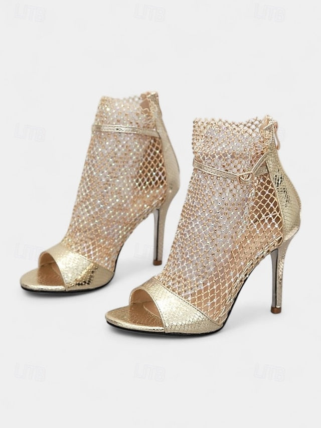 Glitter Stiletto – Open-Toe Sandals Women's Mesh Gold
