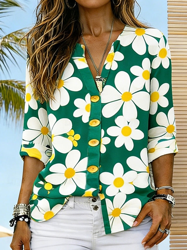 Women's Shirt Tunic Summer Tops Buttons Floral Graphic