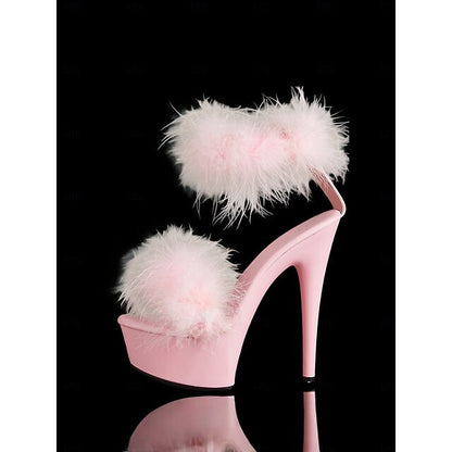 –Stylish Heels High Sandals Fluffy Pink Platform with