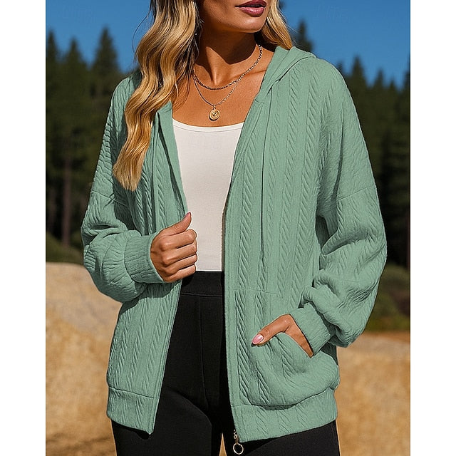 Women's Fullzipper Jacket Hooded Sweatshirt Pocket Long