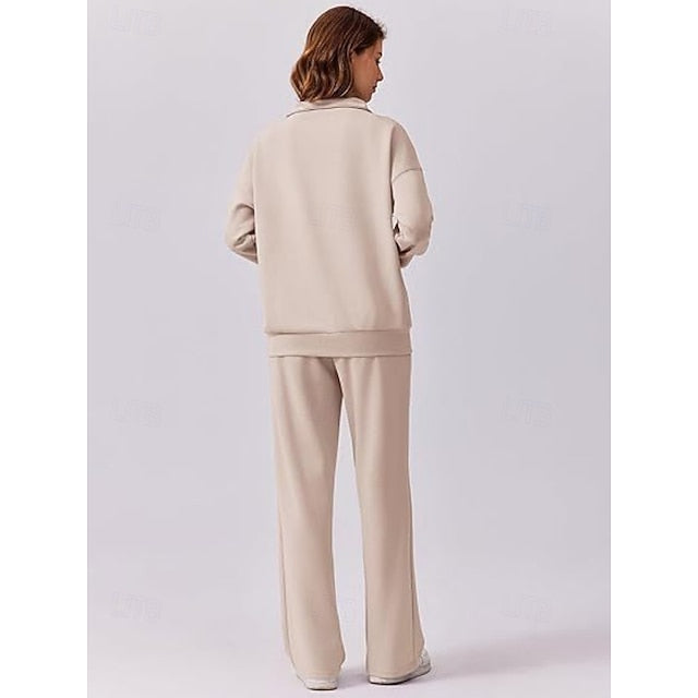 Women's Pants Sets Long Sleeve V Neck Solid Color