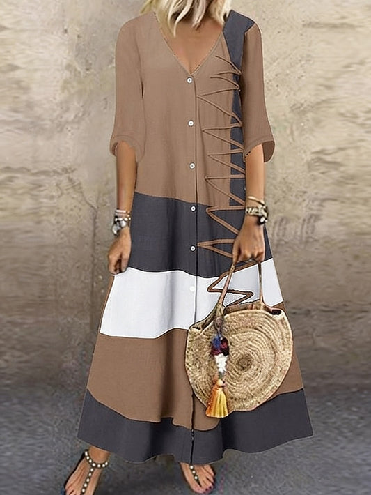 Women's Color Block Boho Dress V Neck Maxi Dress Vintage