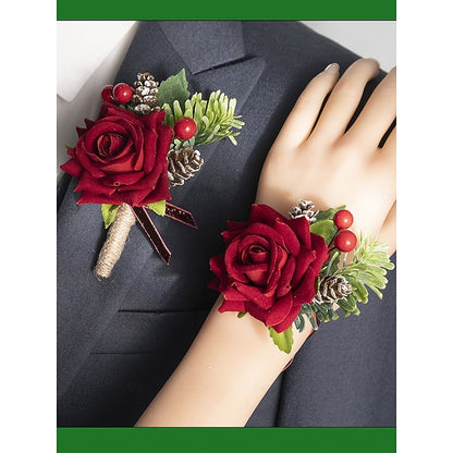 Rose Women's Set and Boutonniere Corsage Christmas Red