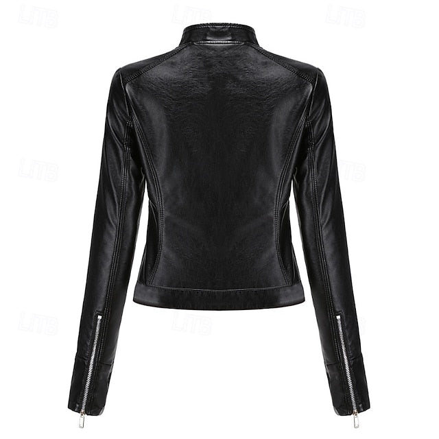 Faux Zipper Jacket Pocket Leather Women's Comfortable