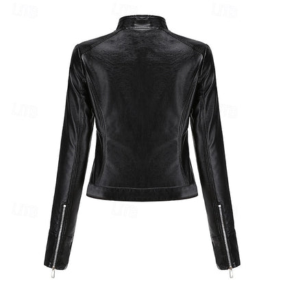 Faux Zipper Jacket Pocket Leather Women's Comfortable