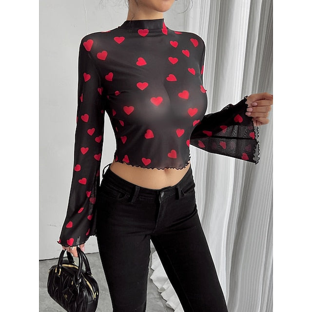 Women's Blouse Print Heart Daily Stylish Long Sleeve High