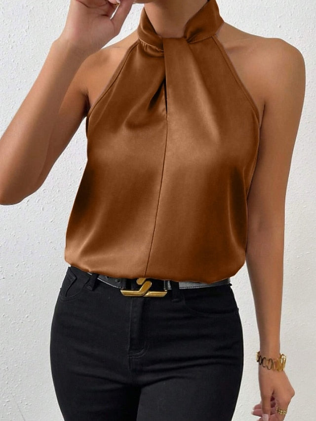 Women's Shirt Elegant Satin Top Silk Shirt Backless Plain