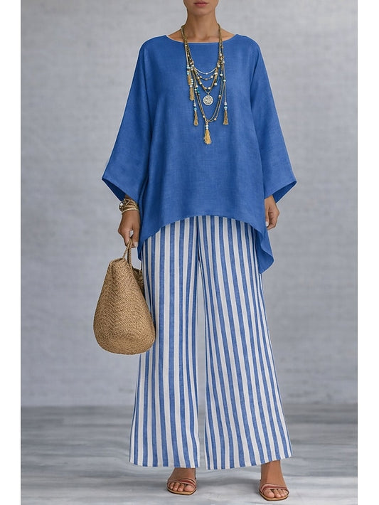 Women's Pants Sets Long Sleeve Round Neck Graphic Striped