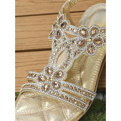 Boho Silver – Rhinestone Sandals Flat T-Strap Women's